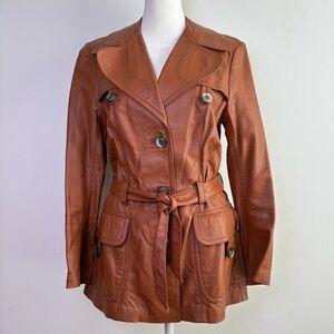 Vintage 70s 90s Cognac Whiskey Brown Genuine Leather Belted Jacket Lapels S
